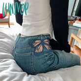 Lunivop Side Butterfly Jeans Women Sexy Hollow Embroidery Long Pants Women’s All Match Casual